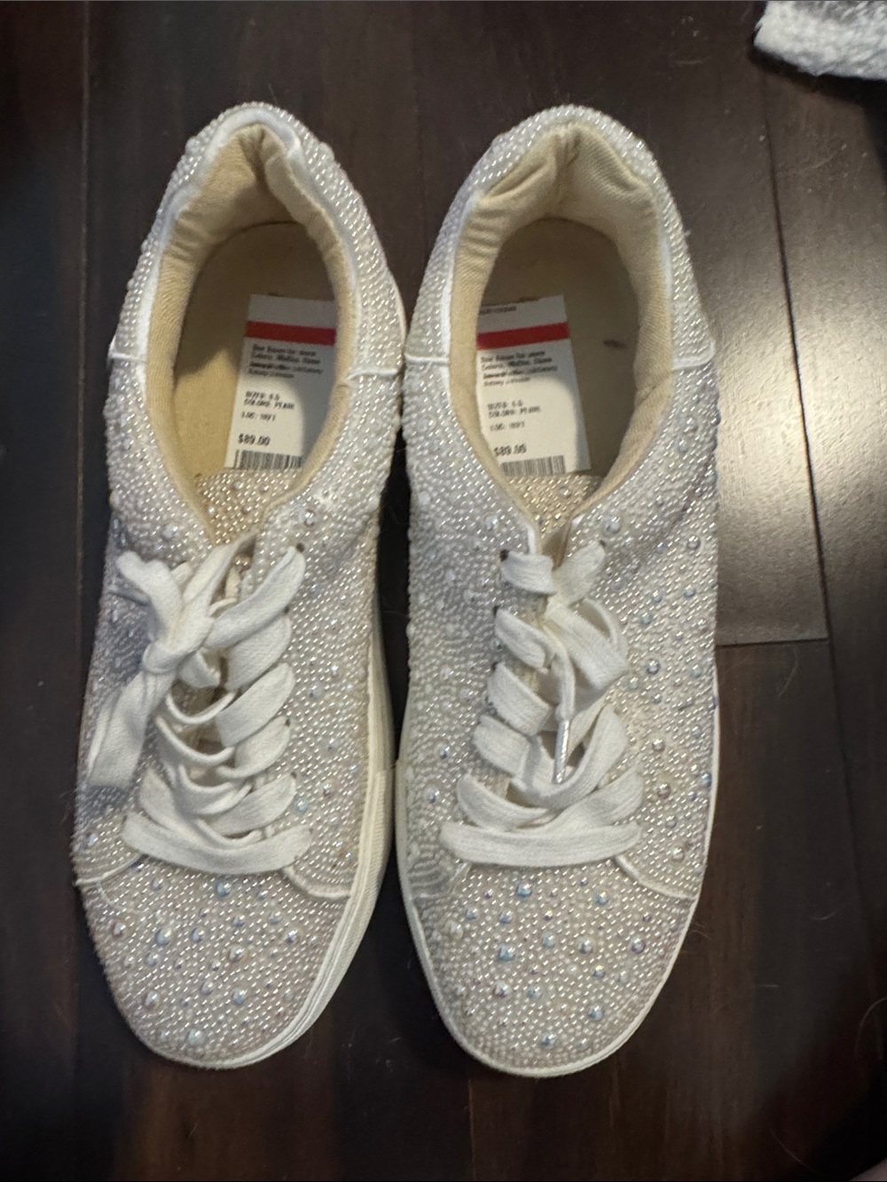 Betsey Johnson White Pearl & Rhinestone Embellished Lace-Up Sneakers
